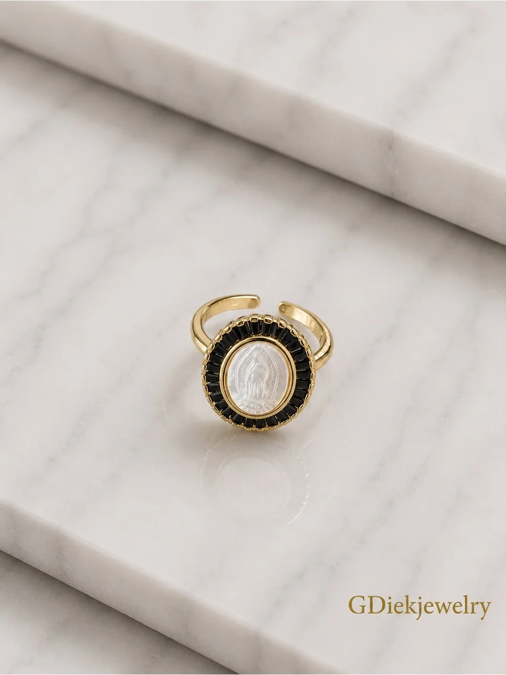 Goldfilled Adjustable  Ring with Black Baguette Accents and White Center